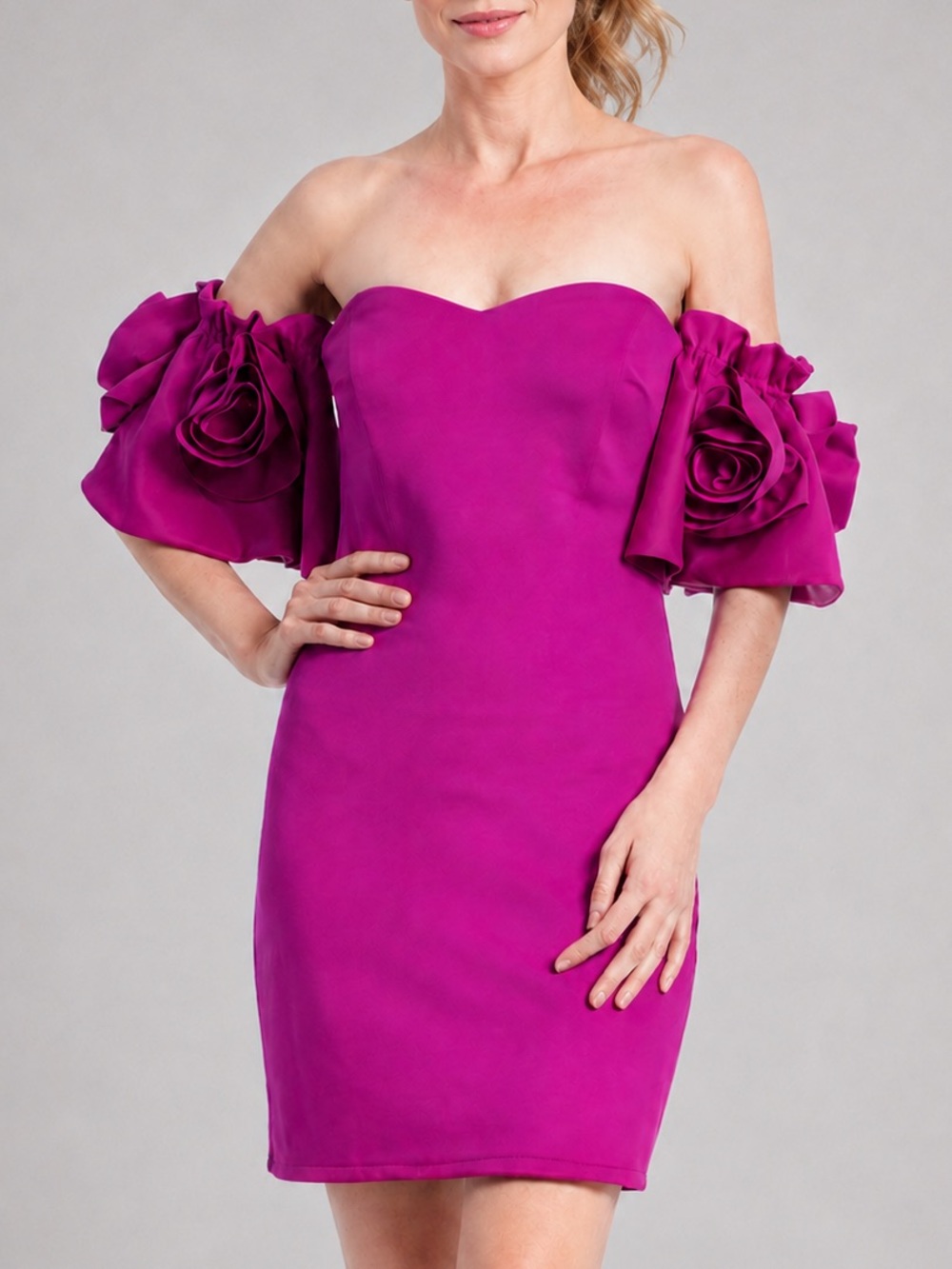 🆕💗🌸 Jewel Badgley Mischka Magenta Rosette Mini Dress Size 10 Scuba Party Chic